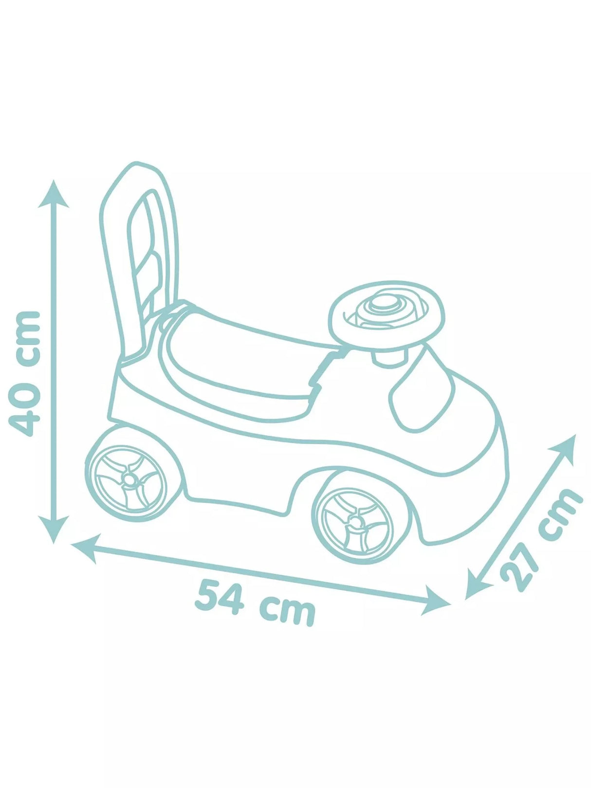Little Smoby Auto Ride-On dimensions diagram showing 54cm length, 40cm height and 27cm width