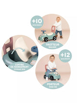 Little Smoby Auto Ride-On showing walker mode for 10 months, ride-on mode for 12 months and under-seat storage box