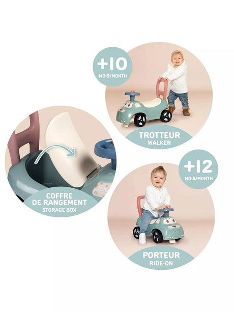 Little Smoby Auto Ride-On showing walker mode for 10 months, ride-on mode for 12 months and under-seat storage box