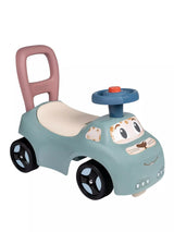 Little Smoby Auto Ride-On in sage green with pink push handle, blue steering wheel and animal face design