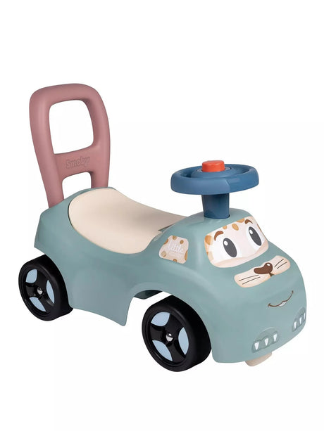 Little Smoby Auto Ride-On in sage green with pink push handle, blue steering wheel and animal face design