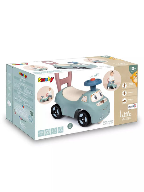 Little Smoby Auto Ride-On retail packaging showing product and 10 months plus age rating