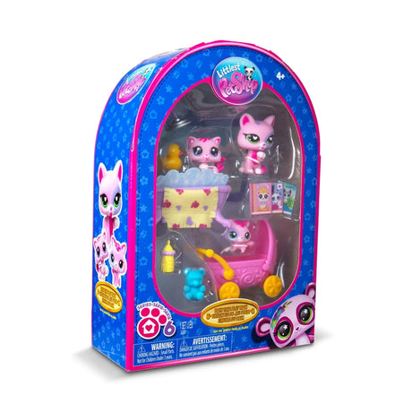 Angled photograph of the blue and pink Littlest Pet Shop Bath Time Play Pack retail box showing three cat figures and bath time accessories through its clear window.