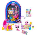 Littlest Pet Shop Bath Time Play Pack retail packaging displayed with three pink and white cat figures, pink baby pram, purple bathtub, yellow rubber duck and miniature accessories.