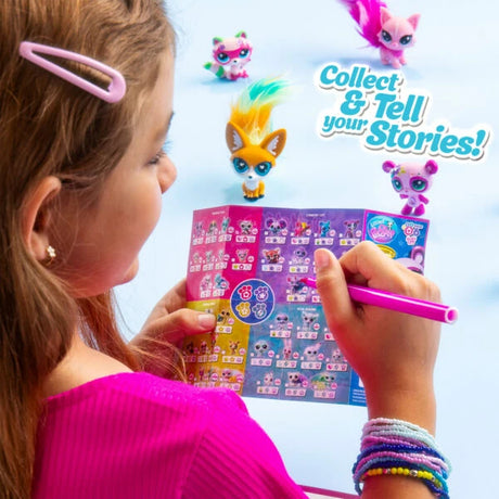 Child using a pink pencil to mark a Littlest Pet Shop collector checklist, with colourful animal figures and Collect & Tell Your Stories lettering.
