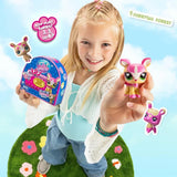 Young girl holding a Littlest Pet Shop deer mother figure and Mommy & Baby Series 6 surprise pack, with illustrated baby deer figures nearby.