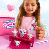 Young girl holding a pink and turquoise Littlest Pet Shop panda figure beside a pink bench displaying the mother panda and baby pets.