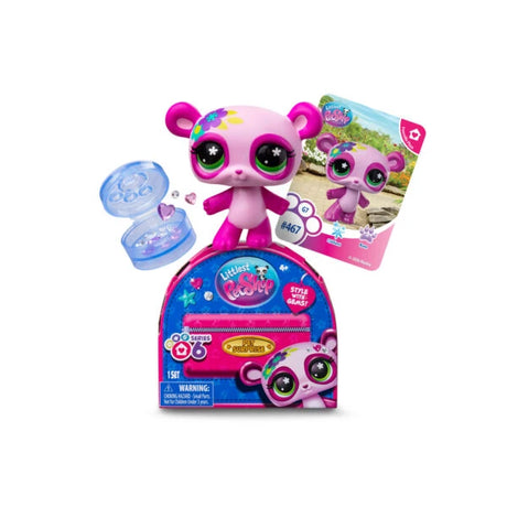Littlest Pet Shop Series 6 surprise pack displayed with a purple panda figure, collector card and small decorative accessories on a white background.