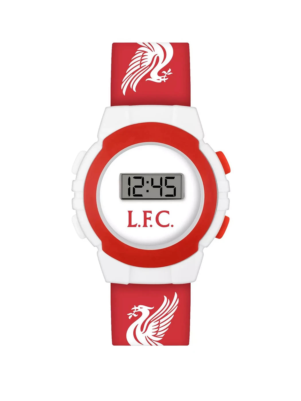 Liverpool FC Digital Watch front view with red strap, white case, red bezel, LCD display and Liverbird crest details