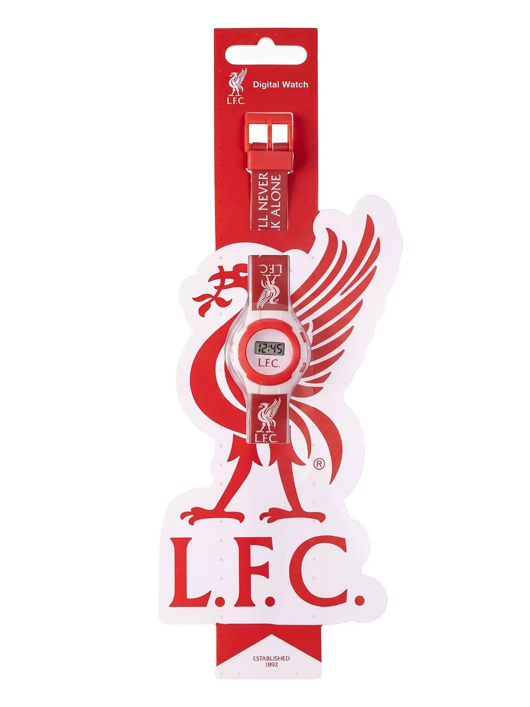 Liverpool FC Digital Watch in red Liverpool FC retail packaging with large Liverbird crest display card