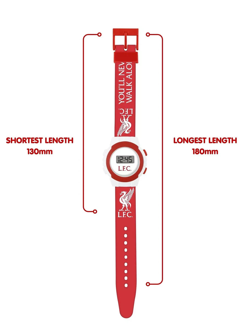Liverpool FC Digital Watch full strap view with size guide showing 130 mm shortest length and 180 mm longest length