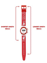 Liverpool FC Digital Watch full strap view with size guide showing 130 mm shortest length and 180 mm longest length