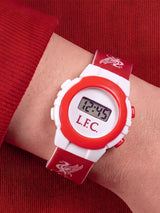 Liverpool FC Digital Watch worn on the wrist showing the red strap, white and red case and digital time display