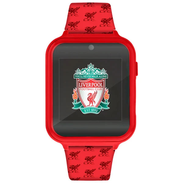 Liverpool FC Interactive Watch close view with Liverpool FC crest displayed on the screen and red printed strap