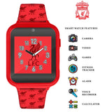Liverpool FC Interactive Watch close view with red printed strap and feature icons for camera, video, games, fitness tracker, alarm, voice recorder and calculator