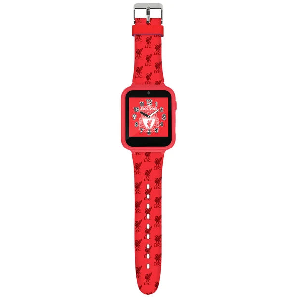 Liverpool FC Interactive Watch full view with red printed strap, buckle fastening and Liverpool FC clock face