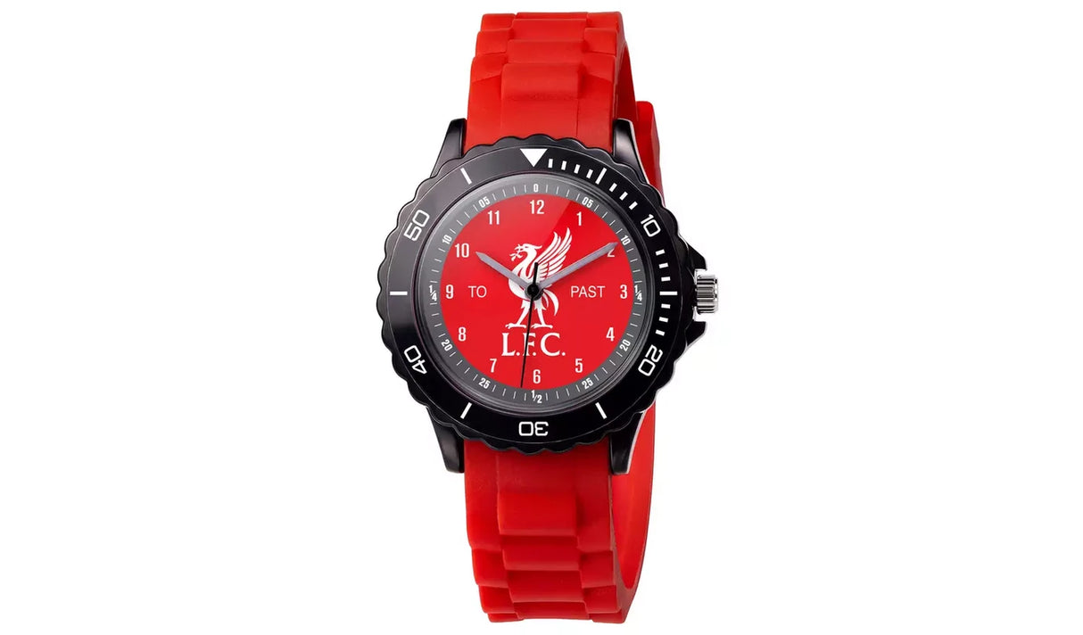 Liverpool FC Time Teacher Red Watch front view with red silicone strap, black bezel, red analogue dial and Liverpool FC crest