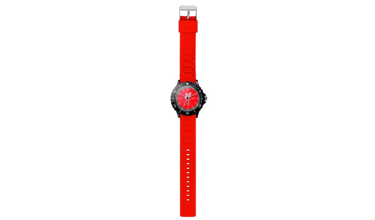 Liverpool FC Time Teacher Red Watch full length view with adjustable red strap, buckle fastening and Liverpool FC dial