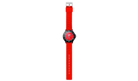 Liverpool FC Time Teacher Red Watch full length view with adjustable red strap, buckle fastening and Liverpool FC dial
