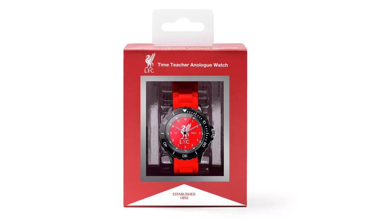 Liverpool FC Time Teacher Red Watch displayed in red Liverpool FC retail packaging with the watch visible through the front window