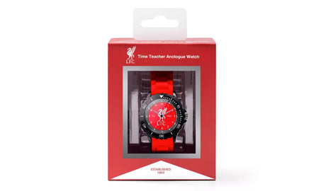 Liverpool FC Time Teacher Red Watch displayed in red Liverpool FC retail packaging with the watch visible through the front window