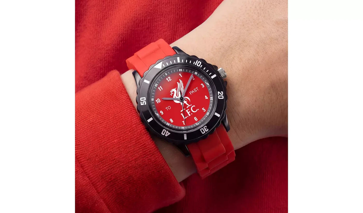 Liverpool FC Time Teacher Red Watch worn on the wrist showing the red strap, black case and red analogue time teacher dial