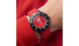 Liverpool FC Time Teacher Red Watch worn on the wrist showing the red strap, black case and red analogue time teacher dial