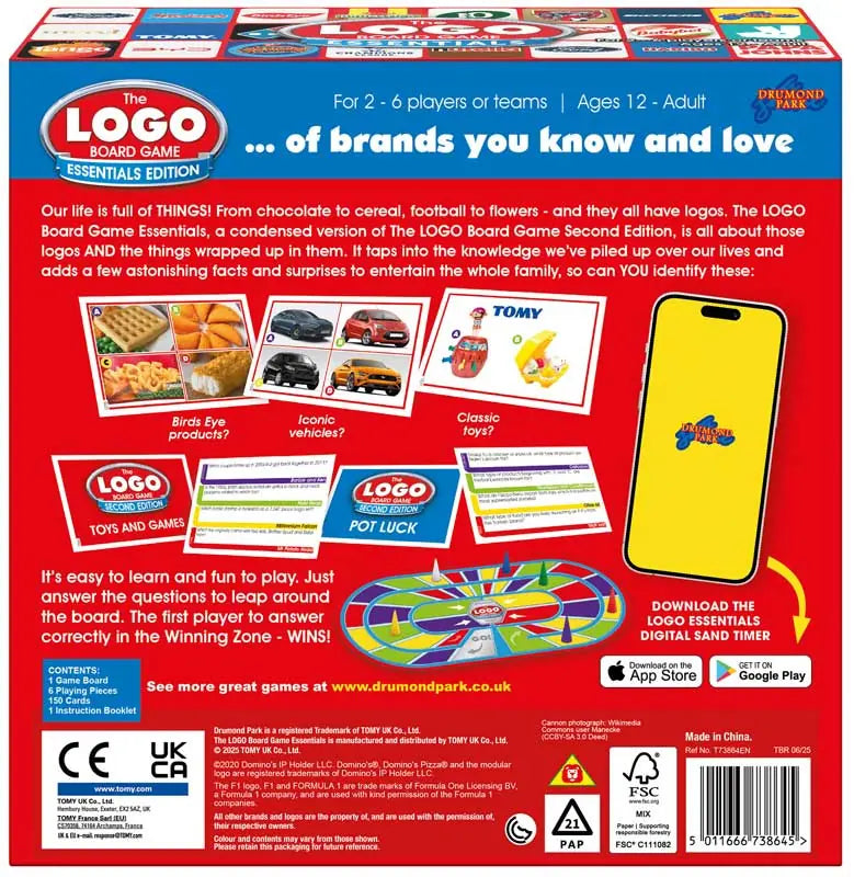LOGO Board Game Second Edition Essentials back packaging showing sample questions, playing board, game contents, app information and barcode