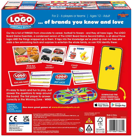 LOGO Board Game Second Edition Essentials back packaging showing sample questions, playing board, game contents, app information and barcode