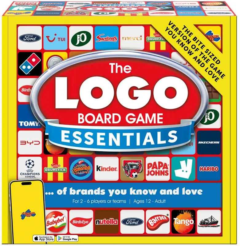LOGO Board Game Second Edition Essentials front packaging showing the red, yellow and blue box with assorted brand logos and app graphic
