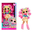 L.O.L. Surprise O.M.G. Bubblegum D.J. in her pink retail packaging alongside the unboxed doll, showing her large blue eyes, colourful curled pigtails, fluffy pink collar and cuffs, gold pleated skirt and pink footwear.