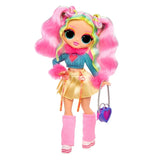 Full length view of Bubblegum D.J. with long pink pigtails, pastel green and yellow hair streaks, turquoise top with fluffy pink collar and cuffs, gold skirt, pink leg warmers and a blue and purple heart shaped handbag hanging from a silver chain.