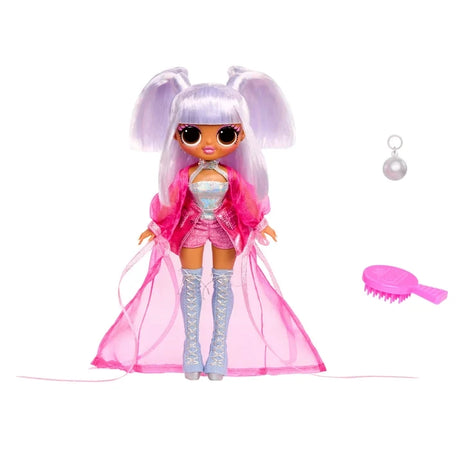 L.O.L. Surprise O.M.G. Kitty K doll facing forward in her pink outfit with sheer trailing fabric, silver lilac pigtails and pale blue boots, with her round silver handbag and bright pink hairbrush displayed separately on a white background.