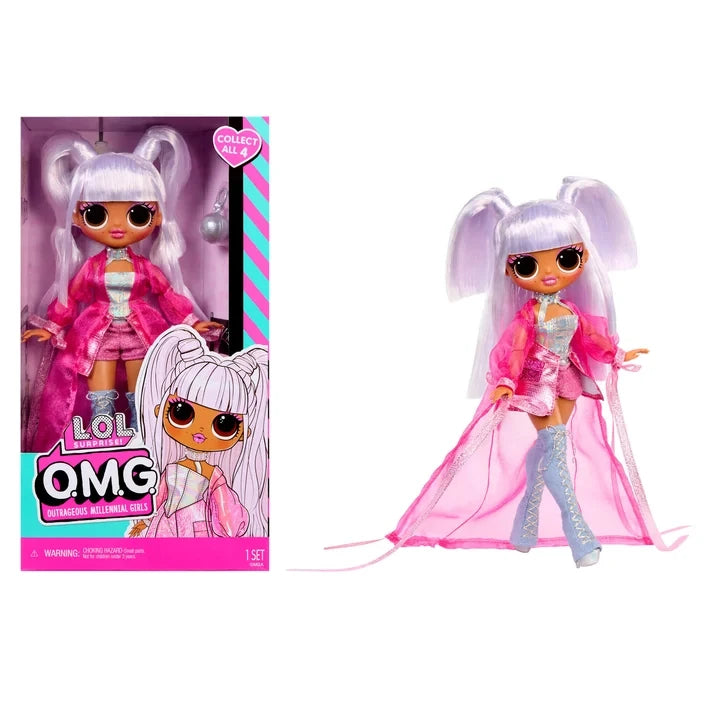 Kitty K doll standing beside her L.O.L. Surprise O.M.G. retail packaging, featuring illustrated character artwork, pink and turquoise box details, a Collect All 4 badge and the doll wearing her bright pink outfit with a silver round handbag.