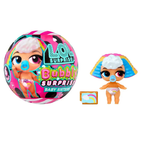 L.O.L. Surprise Bubbly Surprise Baby Sister miniature doll displayed with its colourful surprise packaging on a white background.