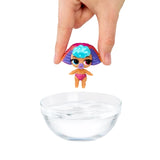Hand lowering a L.O.L. Surprise Bubbly Surprise Baby Sister doll into a bowl of water to reveal its colour changing features.