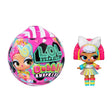 L.O.L. Surprise Bubbly Surprise pink mystery capsule beside a Tot doll with a large silver bow, pink hair, rainbow coloured outfit and matching boots.