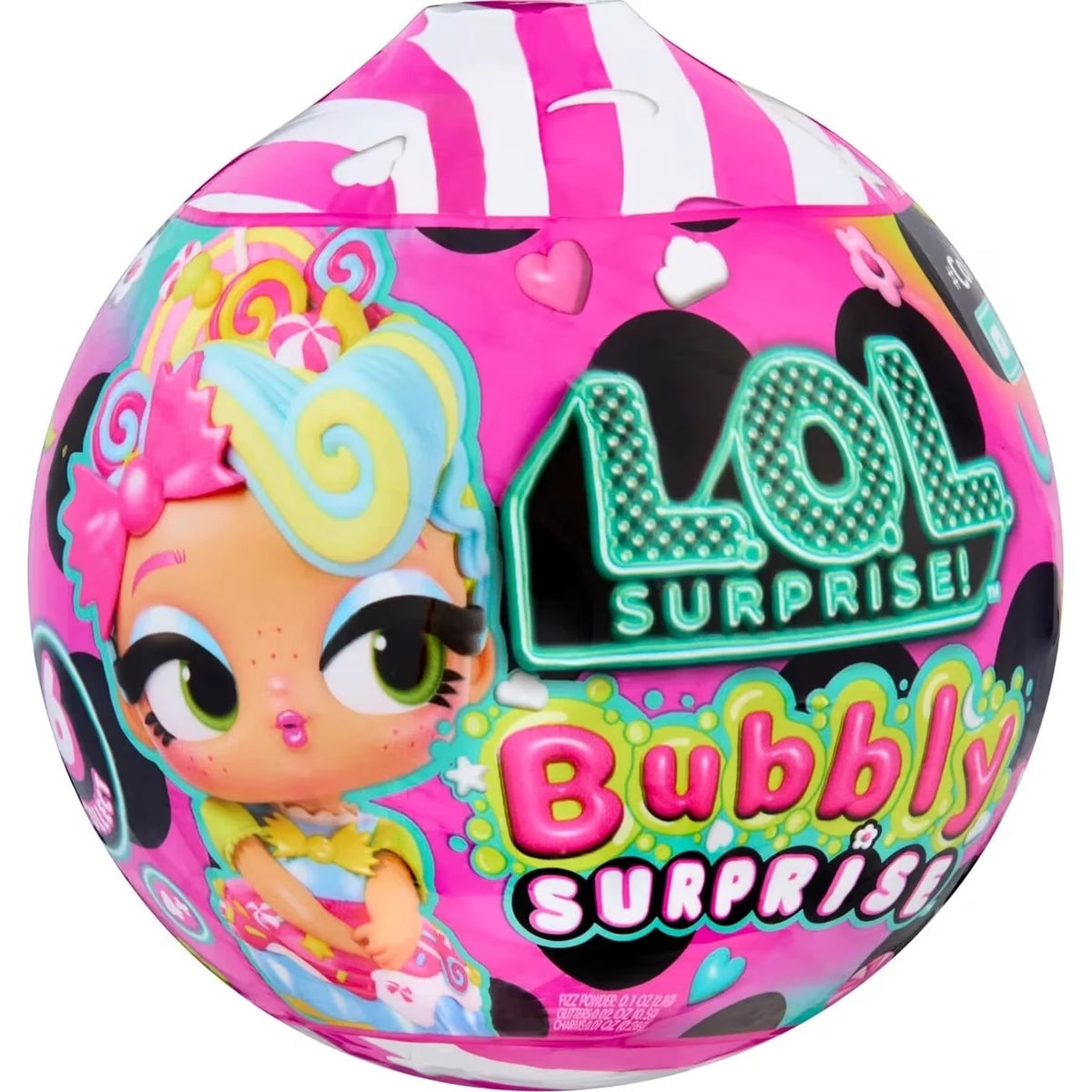 Close-up of the bright pink L.O.L. Surprise Bubbly Surprise mystery capsule showing the illustrated doll with pastel swirled hair, large eyes and colourful Bubbly Surprise branding.