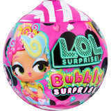 Close-up of the bright pink L.O.L. Surprise Bubbly Surprise mystery capsule showing the illustrated doll with pastel swirled hair, large eyes and colourful Bubbly Surprise branding.