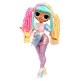 Full length view of the L.O.L. Surprise O.M.G. Candylicious doll, showing her long pastel coloured hair, puffed sleeves, shiny pink skirt, patterned leggings, matching shoes and bag accessory.