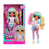 Candylicious doll standing beside her L.O.L. Surprise O.M.G. box, showing the illustrated packaging artwork, pastel hairstyle and matching clothing. This is a duplicate of the first supplied image.