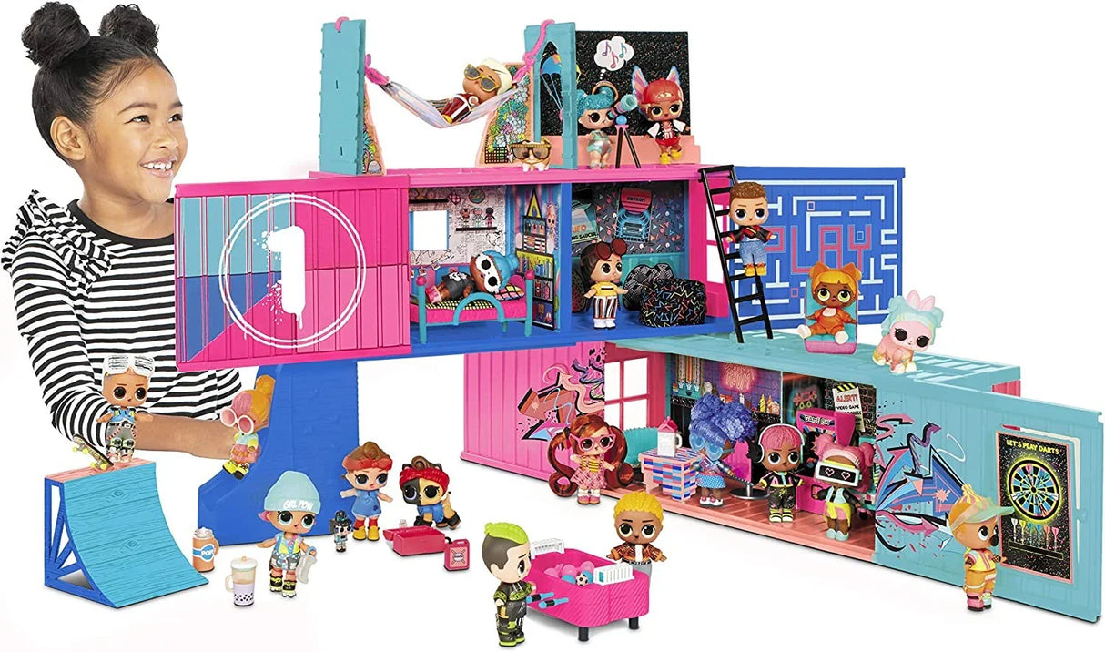 LOL Surprise Fashion Show House open showing dolls, rooms, furniture, and pink slide playset
