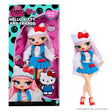 L.O.L. Surprise O.M.G. Hello Kitty doll displayed beside her turquoise and pink retail box, wearing a white cat ear hat with red bow, blue pleated skirt, white fluffy sleeves and red shoes, with Hello Kitty artwork on the packaging.