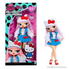 L.O.L. Surprise O.M.G. Hello Kitty doll displayed beside her turquoise and pink retail box, wearing a white cat ear hat with red bow, blue pleated skirt, white fluffy sleeves and red shoes, with Hello Kitty artwork on the packaging.