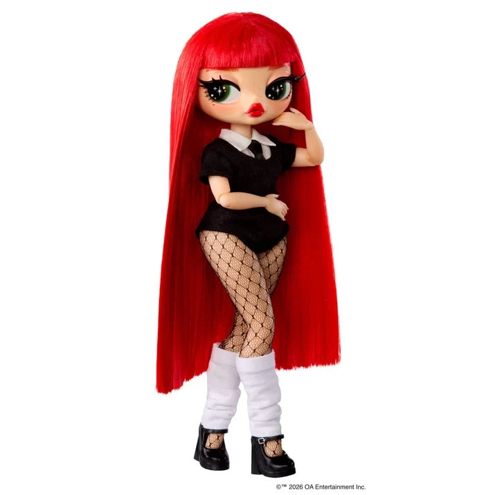 L.O.L. Surprise O.M.G. Jennie doll shown standing in her black collared outfit, with bright red hair, fishnet tights, white leg warmers and black platform shoes.