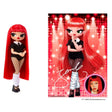L.O.L. Surprise O.M.G. Music Festival Jennie doll with long bright red hair, a black outfit and fishnet tights, displayed beside a red concert poster featuring doll artwork, a signature and Jennie's photograph.