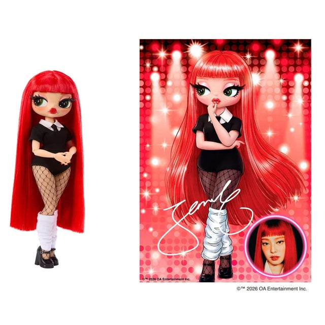 L.O.L. Surprise O.M.G. Music Festival Jennie doll with long bright red hair, a black outfit and fishnet tights, displayed beside a red concert poster featuring doll artwork, a signature and Jennie's photograph.