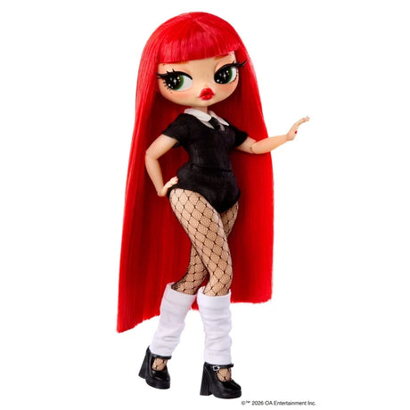 Full length product view of the L.O.L. Surprise O.M.G. Jennie doll with long red hair, black clothing, patterned fishnet tights and black footwear against a white background.