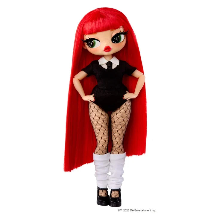 Full length view of the L.O.L. Surprise O.M.G. Music Festival Jennie doll, highlighting her long straight red hair, blunt fringe, black outfit and contrasting white leg warmers.