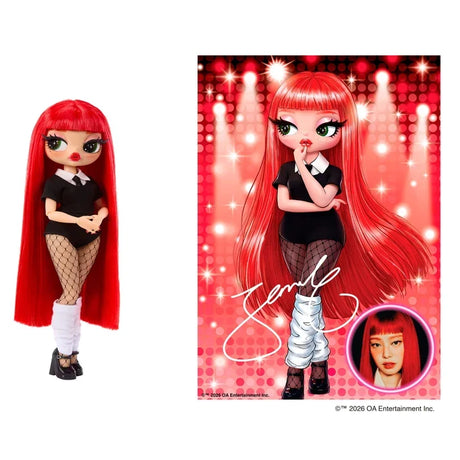 L.O.L. Surprise O.M.G. Jennie doll standing beside red stage themed artwork showing the doll with one finger raised to her lips, a stylised Jennie signature and an inset photograph. Duplicate of the first supplied image.